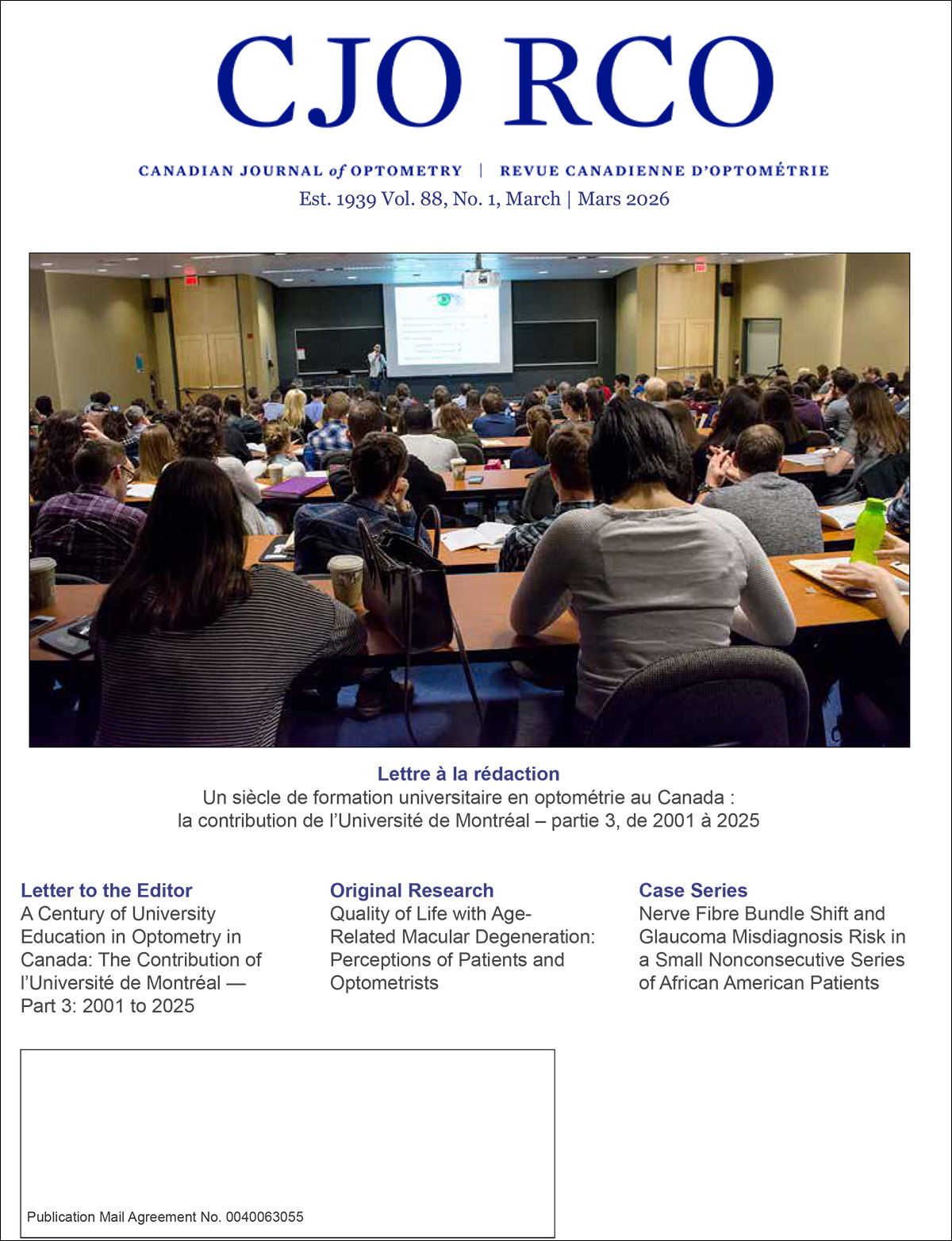 Cover of the Canadian Journal of Optometry / Revue canadienne d’optométrie for March / mars 2026.
